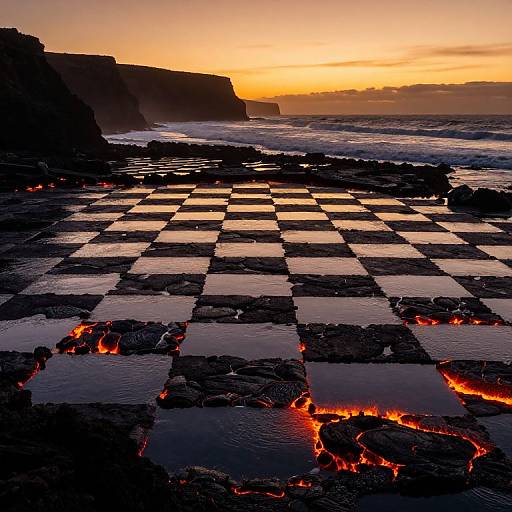 Photograph of a lava-covered beach at sunset, showcasing a checkerboard pattern of hot lava and reflective water pools, with dark cliffs in the background and