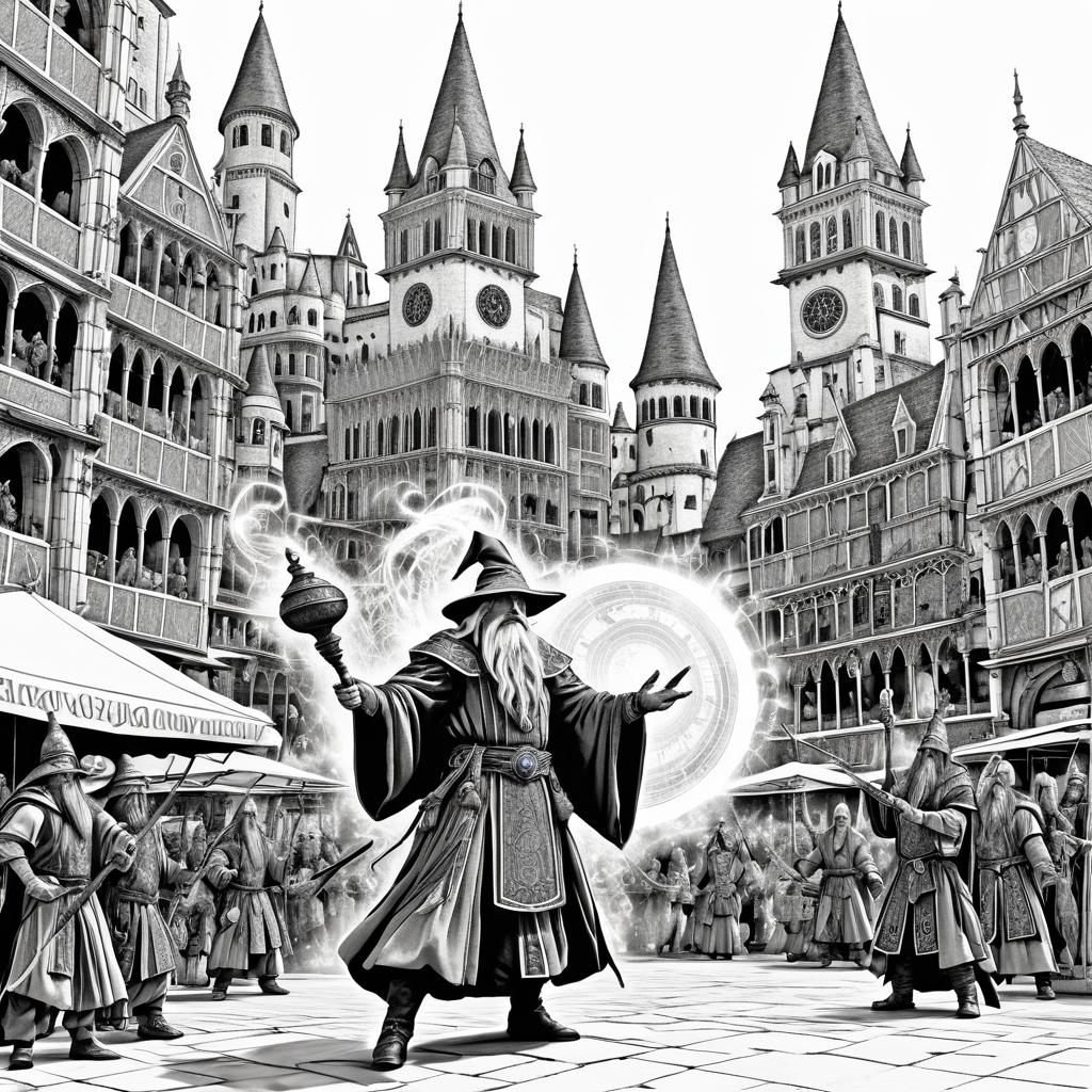 Ancient Wizard Casting Spell in City Square