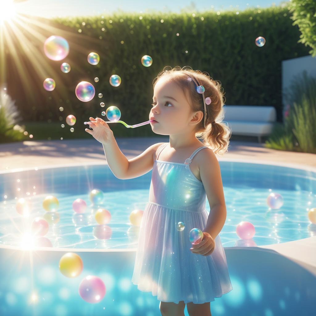 Dreamy Girl Blowing Bubbles by Pool