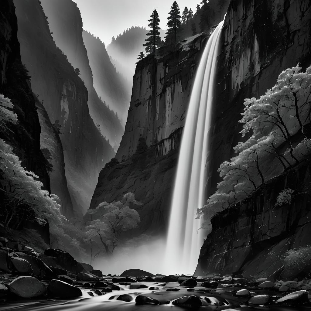 Majestic Black-and-White Waterfall Gorge