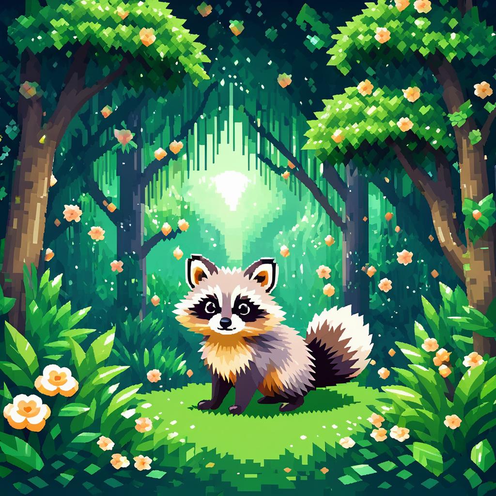 Cute Raccoon in Fairy Orchard Scene