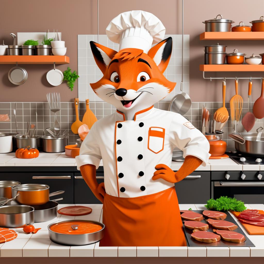 Cheerful Cartoon Fox Chef in Kitchen