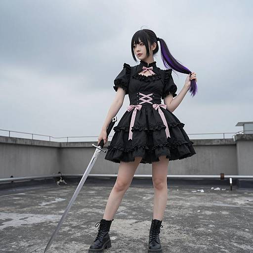 Gothic Asian Warrior on Rooftop