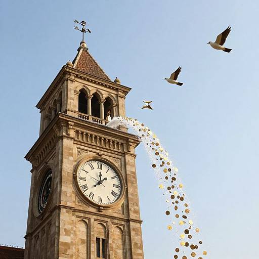 Photograph of a stone clock tower with a brown roof, adorned with birds in flight, and a trail of colorful dots.
