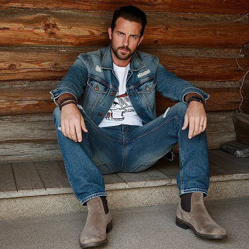 Photograph of a bearded man with short brown hair, wearing a denim jacket, white t-shirt, jeans, and brown boots, sitting against a