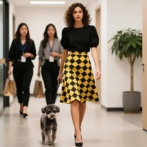 Woman Walking with Dog in Office Hallway