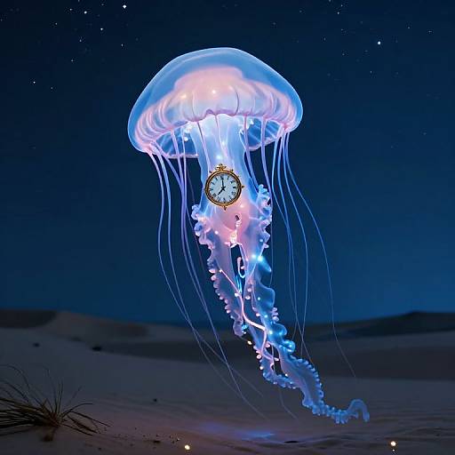 Photograph of a glowing blue jellyfish with a clock on its bell, floating in a dark, starry ocean against a sandy seabed.