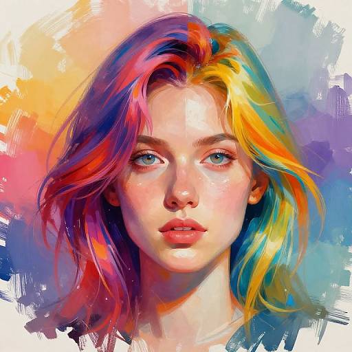 Digital painting of a young woman with vibrant, multicolored hair (red, orange, yellow, blue) against a splattered, abstract background.