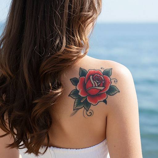 Woman with Rose Tattoo by Ocean