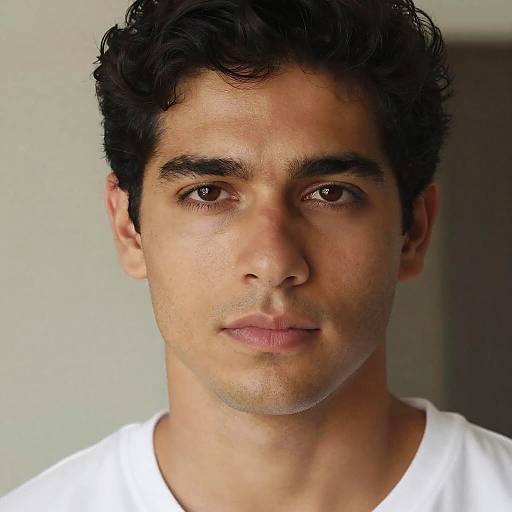 Photograph of a young man with medium brown skin, dark curly hair, brown eyes, and white shirt, gazing directly at the camera.