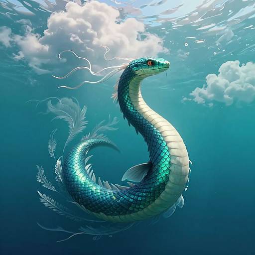 Digital art of a shimmering blue and white serpent with feather-like fins, floating serenely underwater, surrounded by sunlight and clouds.