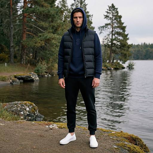 Photograph of a young man with light skin, short brown hair, and beard, wearing a black puffer jacket, hoodie, black pants, and