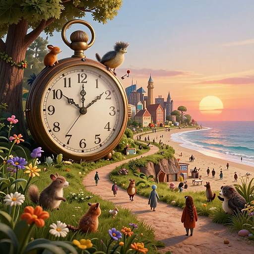 Whimsical digital painting: giant pocket watch with bird, surrounded by squirrels, flowers, and fairy tale village at sunset beach.