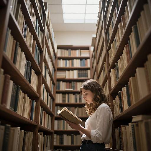Photograph of a curly-haired woman in a white blouse and dark skirt, reading a book in a dimly lit library aisle with tall wooden shelves filled