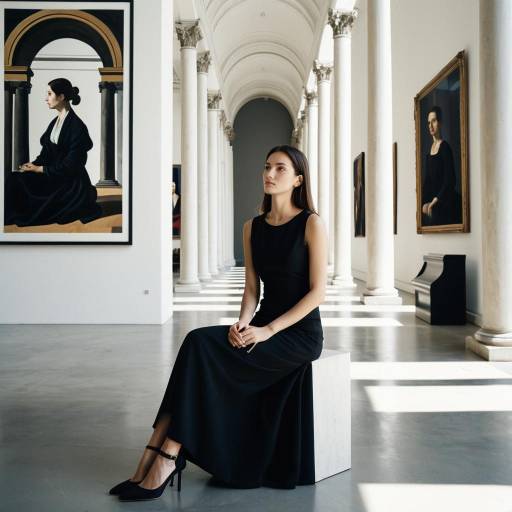 Woman in Black Dress Sitting in Art Gallery