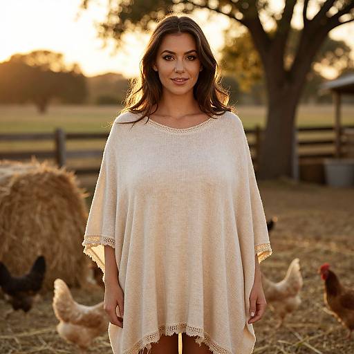 Woman in Poncho Dress at Sunset Farm
