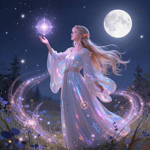 Magical elf woman in glowing white dress, long blonde hair, holding glowing orb under full moon, surrounded by stars and flowers. Digital fantasy art.