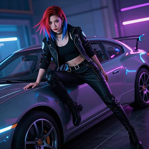 Photograph of a red-and-blue-haired woman with pale skin, wearing a black leather jacket, crop top, and pants, leaning on a neon-l