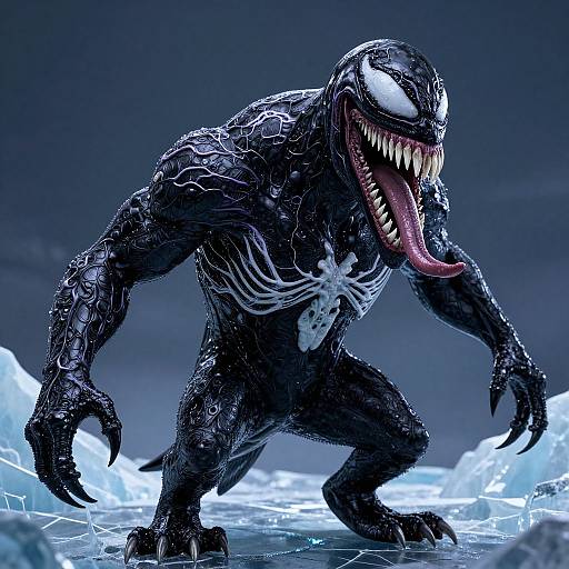 CGI image of Venom, a black, muscular, symbiote creature with white eyes, sharp teeth, and a long, forked tongue,