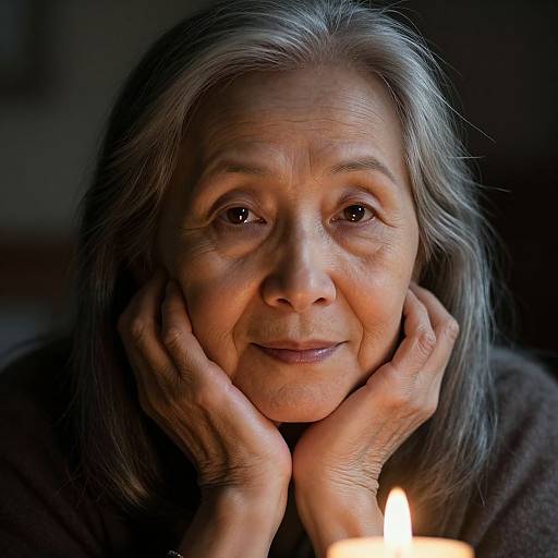 Photograph of a smiling elderly woman with gray hair, holding her cheeks, illuminated by a candle's warm light in a dark background.