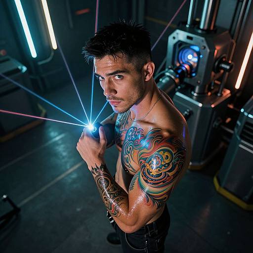 Photograph of a shirtless, tattooed man with short black hair, holding a blue laser pointer, illuminated by neon lights in a dark industrial setting