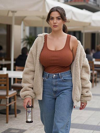 Photograph of a curvy woman with medium skin tone, dark hair in a ponytail, wearing a brown tank top, high-waisted blue