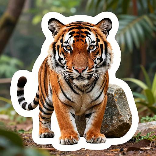 Photograph of a fierce, orange-and-black Bengal tiger with intense eyes, standing on a forest floor with rocks and greenery in the background, outlined