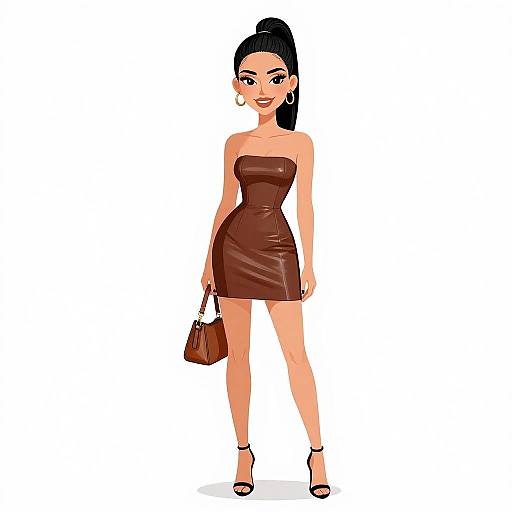 Digital illustration of a confident woman with dark hair in a high ponytail, wearing a strapless brown leather dress, black heels, large hoop earrings,