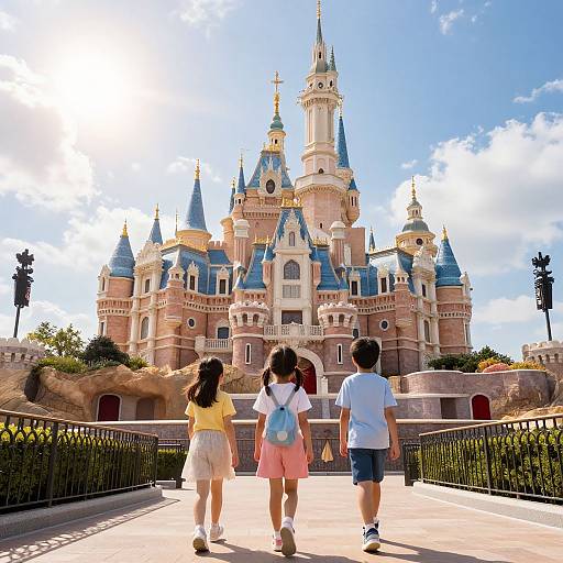 Photograph of three children, two girls and one boy, walking toward a colorful, fairytale-style castle with blue and pink turrets on a