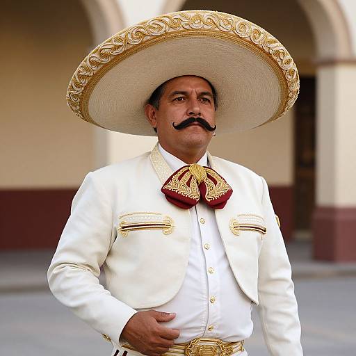 Photograph of a middle-aged Mexican man in an ornate white mariachi suit with gold embroidery, large white sombrero, and red bow tie,