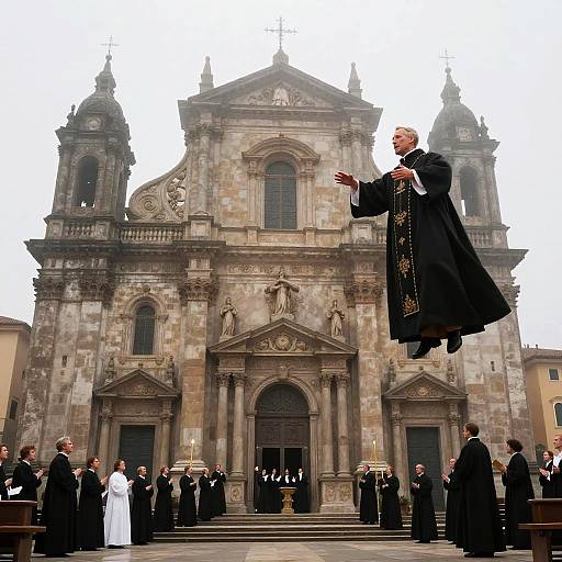 Baroque Priest at Foggy Cathedral