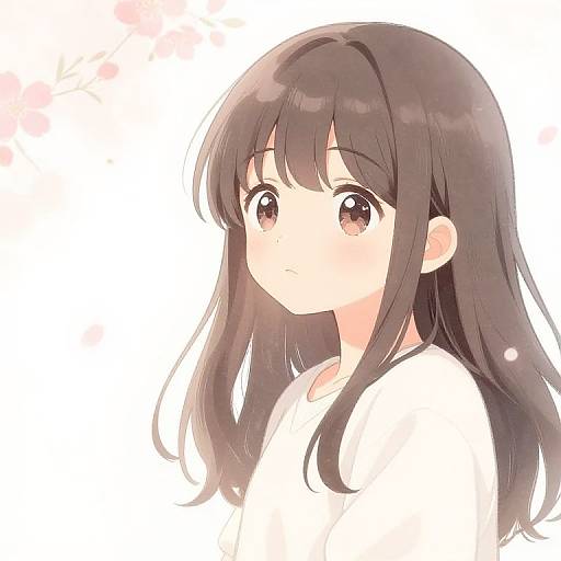 Digital anime-style drawing of a young girl with long, brown hair, large brown eyes, and a white shirt, looking upwards with a gentle expression.