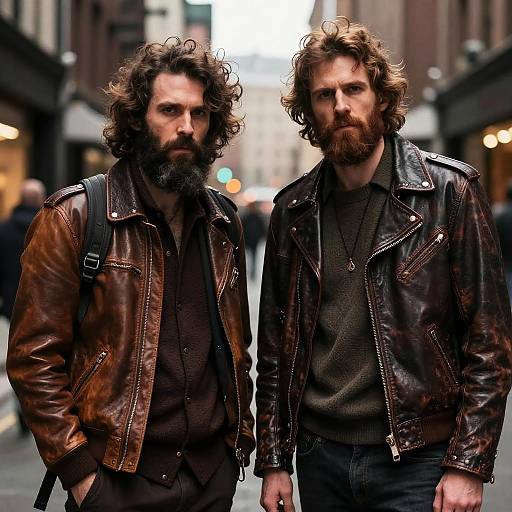 Photograph of two rugged, bearded men with curly brown hair, wearing brown leather jackets and dark clothing, standing on a city street with blurred lights