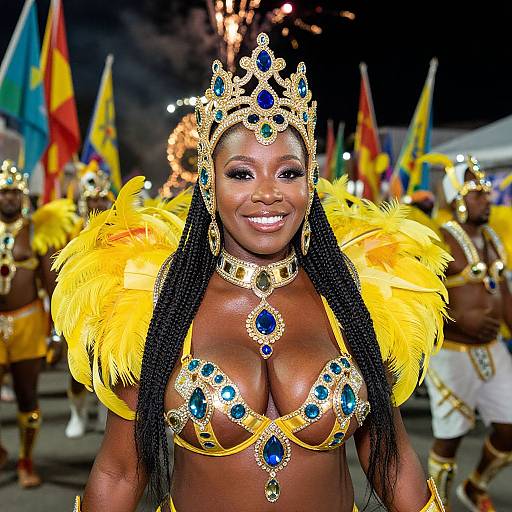 Photograph of a smiling Black woman in vibrant, gold and yellow regalia with blue gemstones, feathered shoulders, and crown, standing in front
