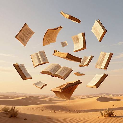 Photograph of open books floating in a sunlit desert with golden sand dunes, clear blue sky, and scattered cactus plants.