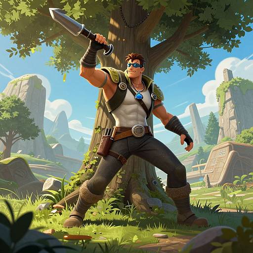 Muscular man with black hair, sunglasses, and armor stands confidently with sword raised, leaning against a tree in a vibrant, sunlit, mountainous