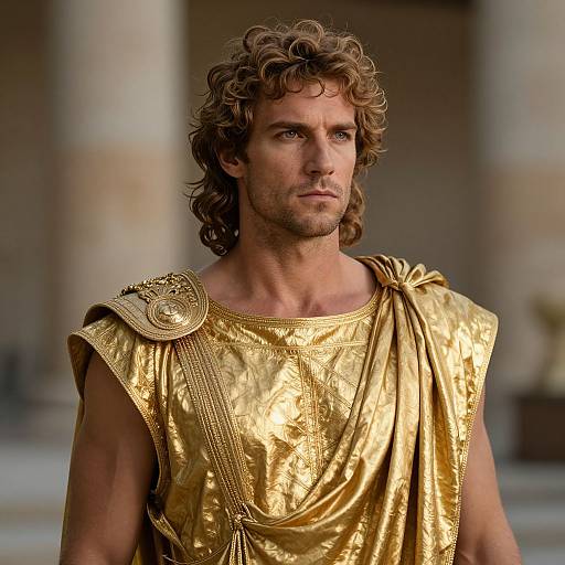 Photograph of a curly-haired, blue-eyed man in a shimmering gold ancient Greek-style tunic with a decorative shoulder brooch, standing against a