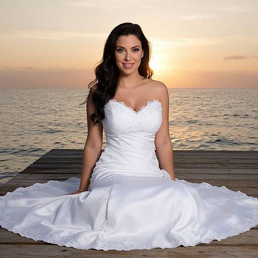Photograph of a smiling brunette woman in a strapless white lace wedding dress seated on a wooden pier at sunset with a calm ocean in the background.