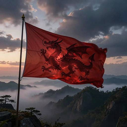 Red Dragon Banner Over Misty Mountains