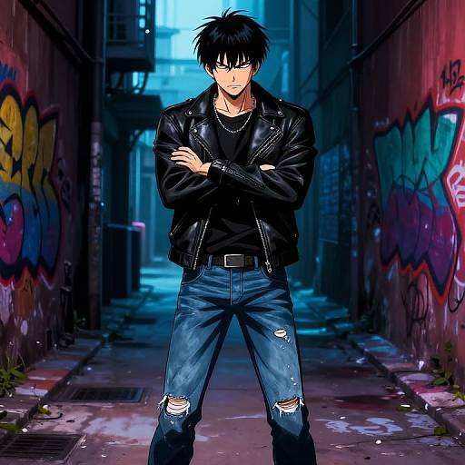Anime-style drawing of a tough, black-haired man in a black leather jacket and ripped jeans, standing confidently in a graffiti-covered, dimly-lit