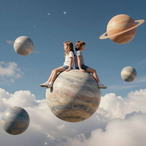 Photograph-like digital art of two children sitting back-to-back on a floating Jupiter, surrounded by colorful planets and a bright blue sky with clouds.