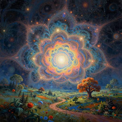Vibrant digital painting of a surreal landscape with a glowing, multicolored cosmic flower overhead, surrounded by stars, and a winding path through a
