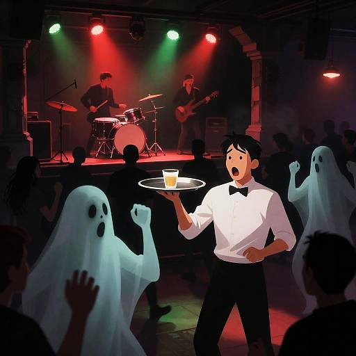 Chaotic Nightclub Scene with Ghostly Figures