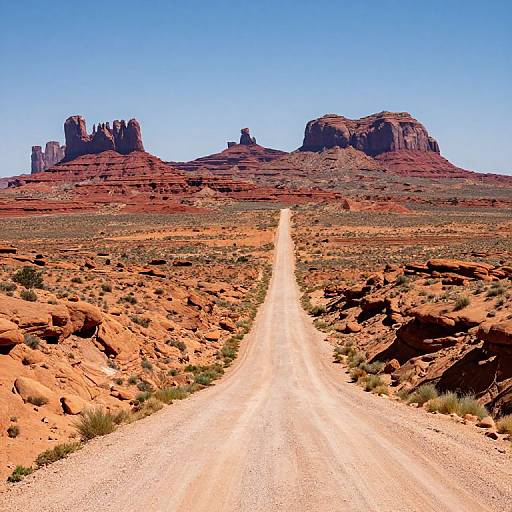 Photograph of a long, straight, sandy road leading to red and brown desert mesas under a clear, bright blue sky.