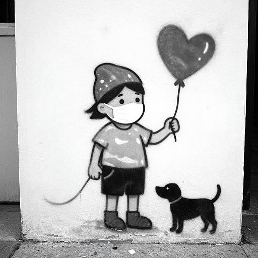 Black-and-white street art of a boy with a cap, holding a heart-shaped balloon, standing beside a black dog.
