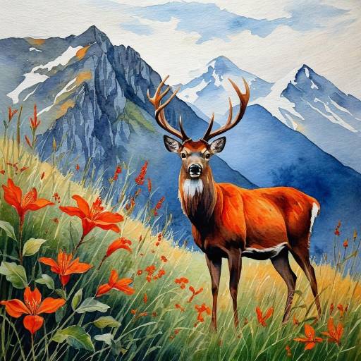Serene Landscape with Deer and Flowers