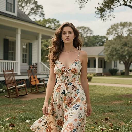 Photograph of a young woman with wavy brown hair in a floral sundress, standing in front of a white house with a porch and wooden chairs