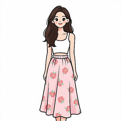 Digital illustration of a smiling woman with long brown hair, wearing a white crop top and pink floral skirt, standing against a plain white background.