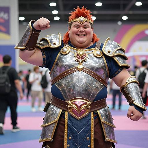 Photograph of a smiling, overweight, red-haired man in elaborate, shiny silver and gold medieval armor, flexing his right arm at a convention.
