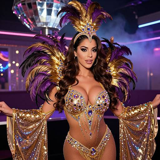 Photograph of a glamorous, dark-haired woman in a glittering, gold and purple feathered headdress and bikini, adorned with jewels, posing confidently